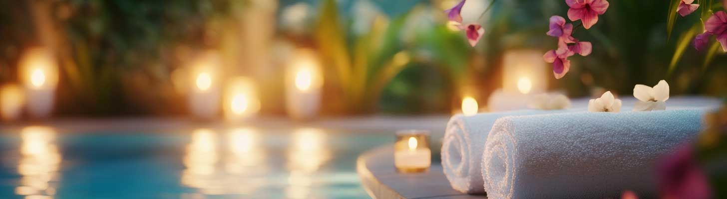 Towels by a pool lit by candlelight