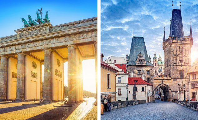 2 images split, first image is a historical column building, second image is a famous bridge