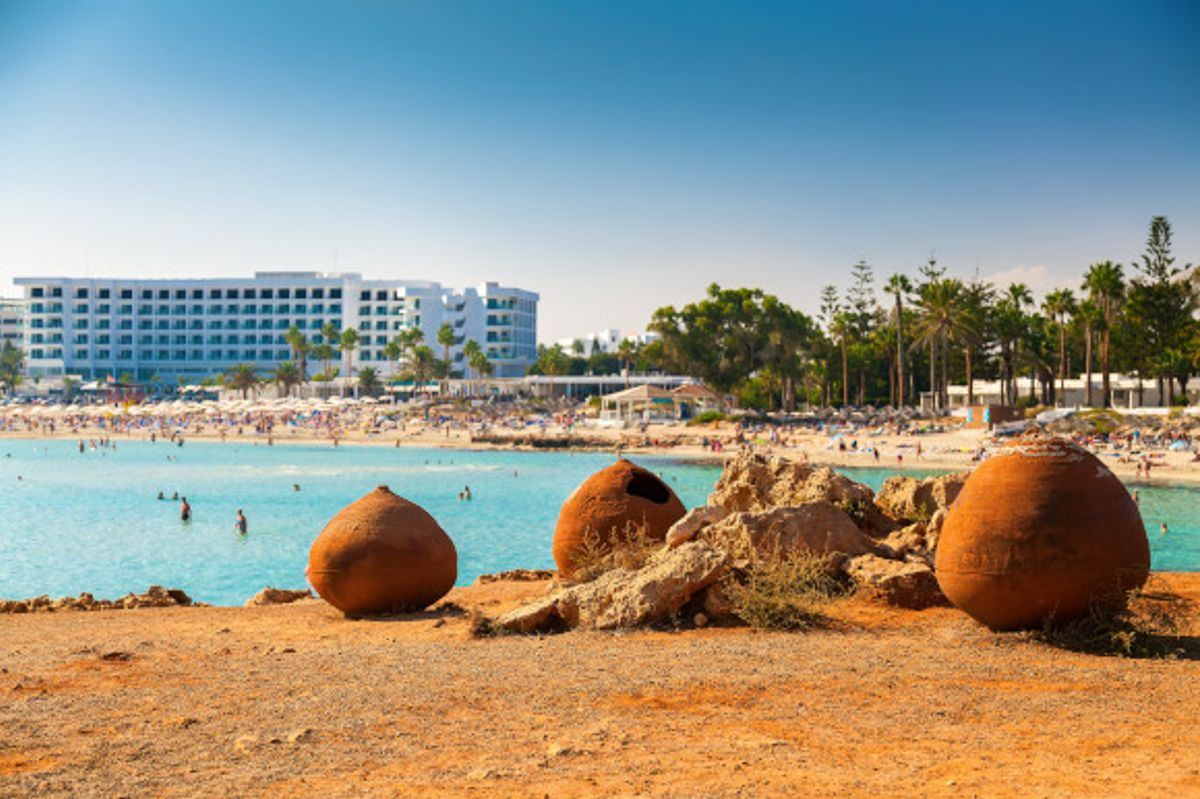 Nissi Beach in Cyprus with its old pots and clear blue waters