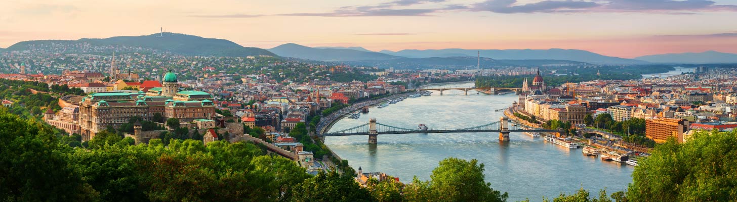Aerial view over the river and skyline in Budapest