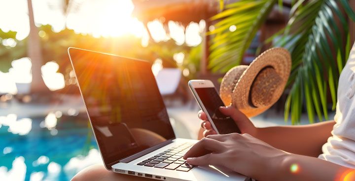 Using laptop while sitting beside a swimming pool
