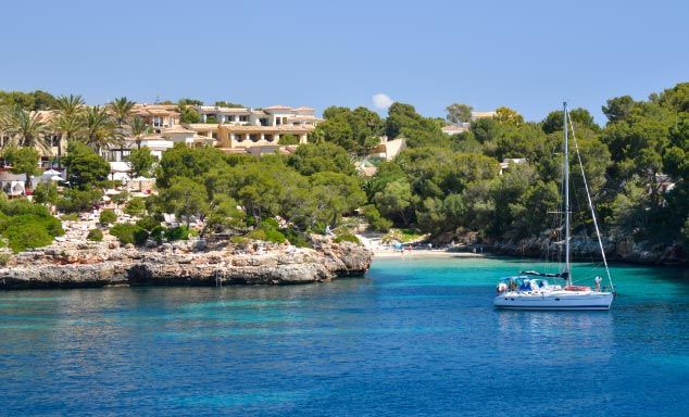 Sail boat off the coast of Cala d'Or in Majorca