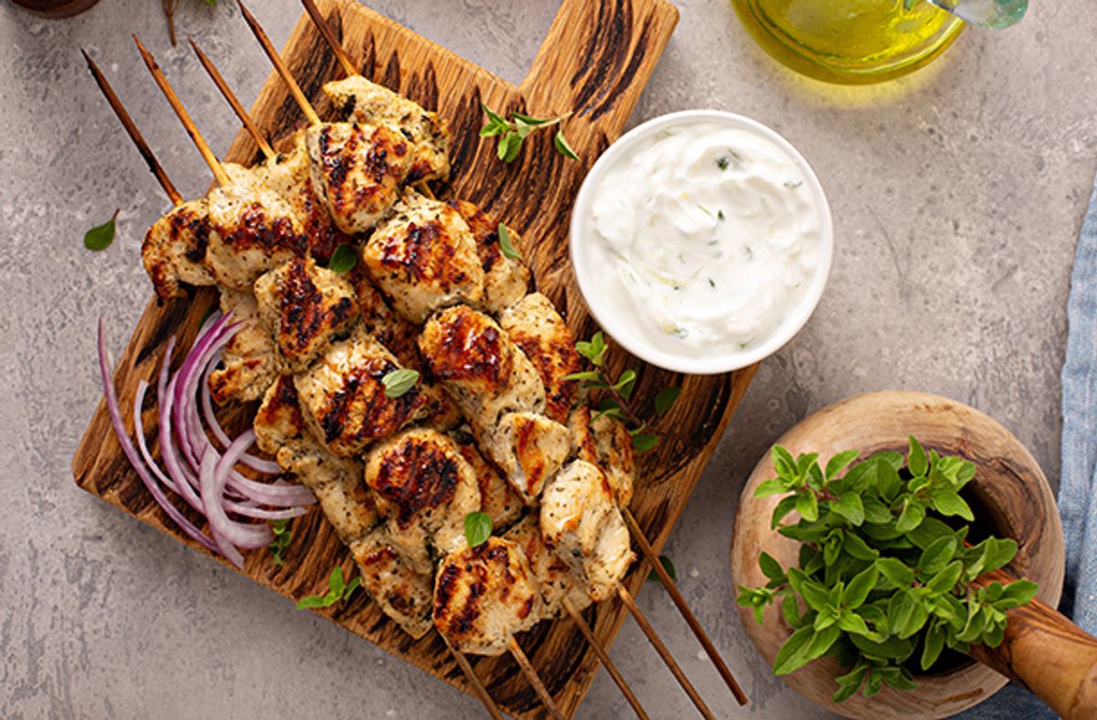 Souvlaki, the famous Cretan dish, with tzatziki.