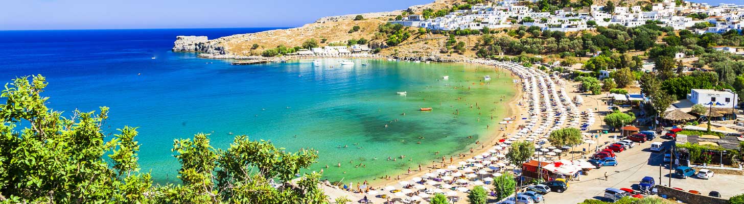 Aerial view of the beach in Lindos, Rhodes