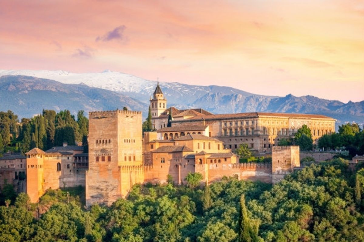 Dusk scenic views of Alhambra Spain and its beautiful medieval fortress.