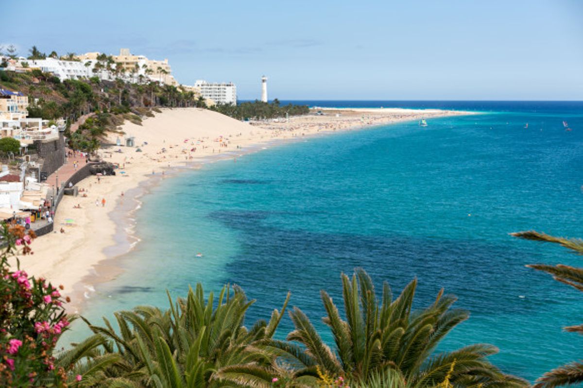 Morro Jable coastline and its powder white sands and clear waters in Jandia resort Fuerteventura