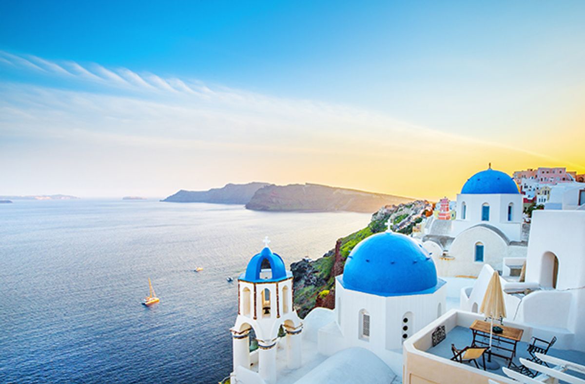 View of Santorini blue domes buildings Greece