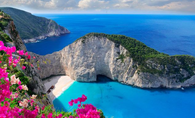Blue seas & white sands of Shipwrecked Beach in Zante