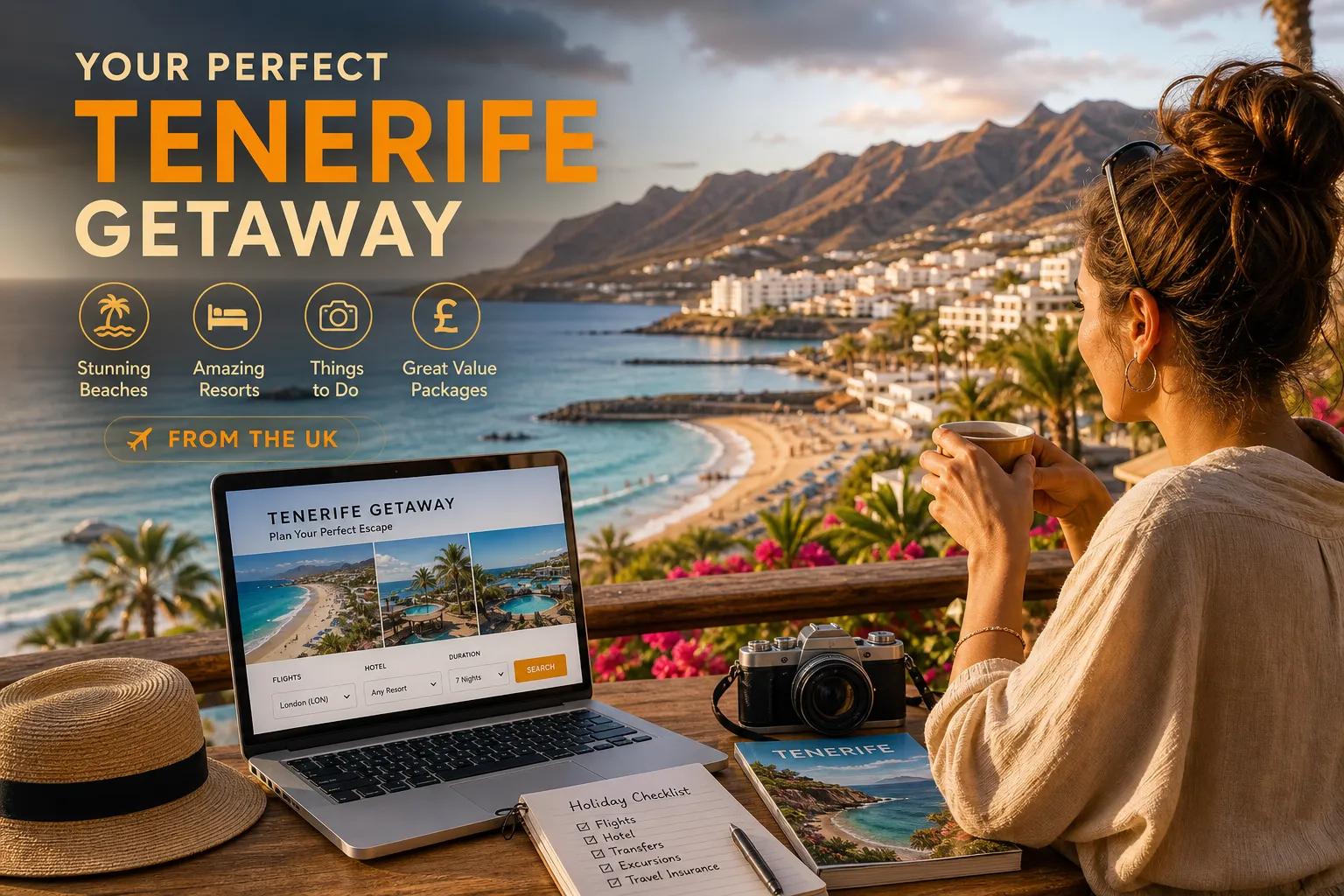 Lady drinks morning Coffee and looks out to sea. Her laptop shows a holiday deal website with Tenerife on it.