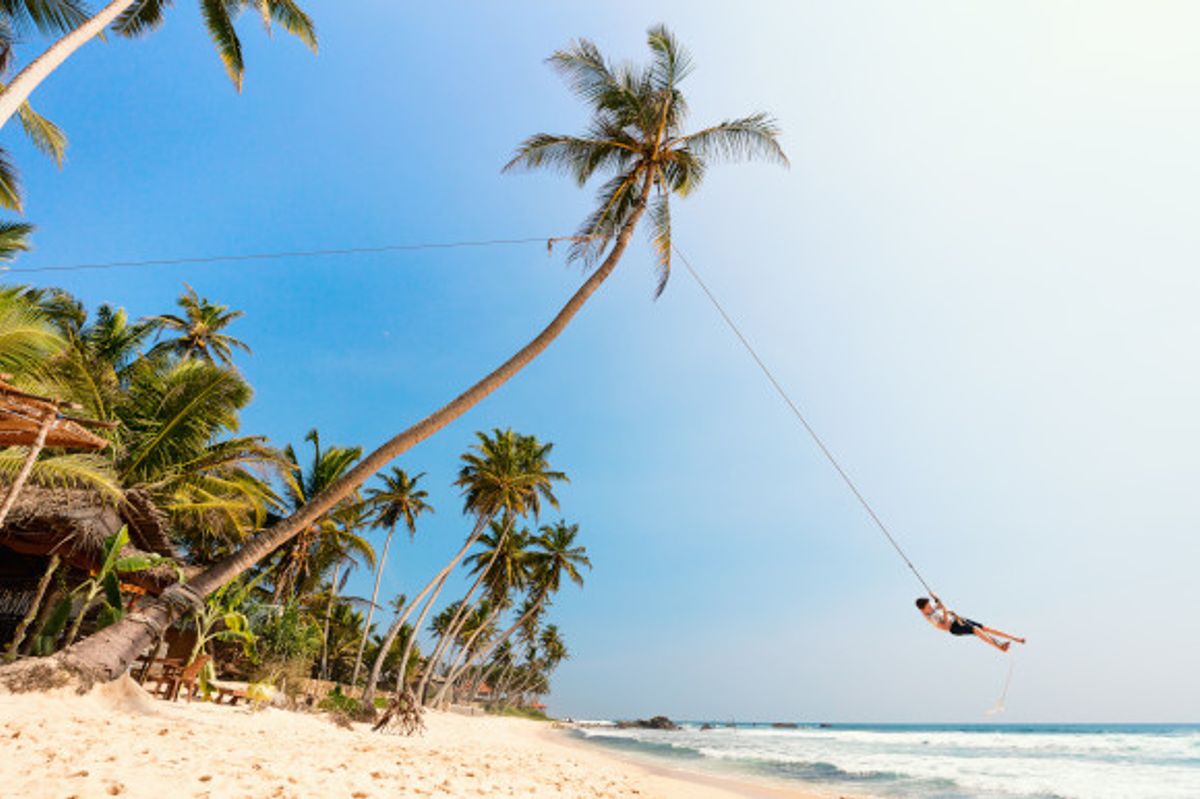 Dalawella Beach in Sri Lanka with a stretch of white sand and a small boy swinging from a tall palm tree