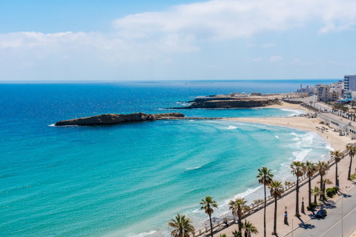 A view of Tunisia's lengthy coastline backed by palm trees