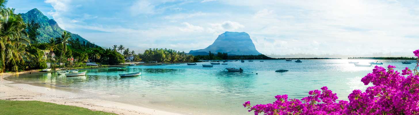 Fishing boats moored off a beach in Mauritius