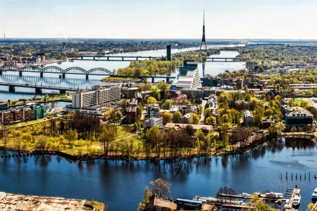 Dramatic river views of Riga city in Latvia