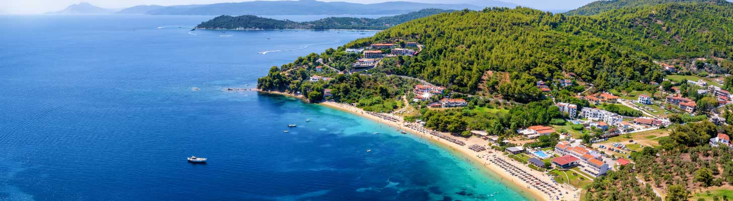 Aerial view of the bay of Koukounaries in Skiathos, Greece