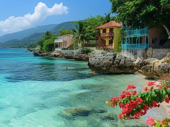 Colourful houses along the sea shore in Jamaica