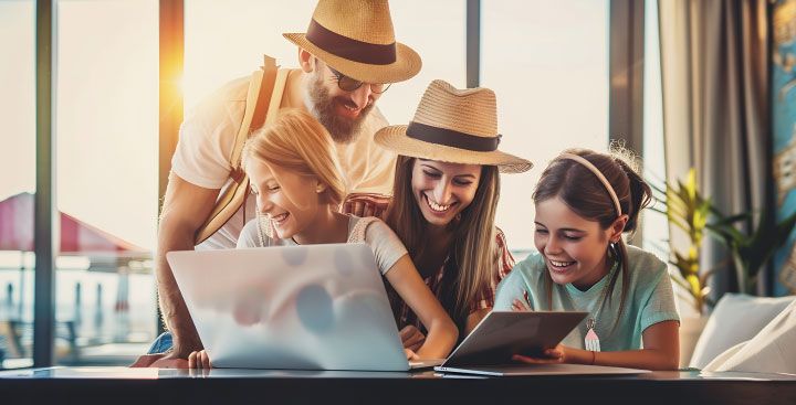 Happy family gathered round laptop