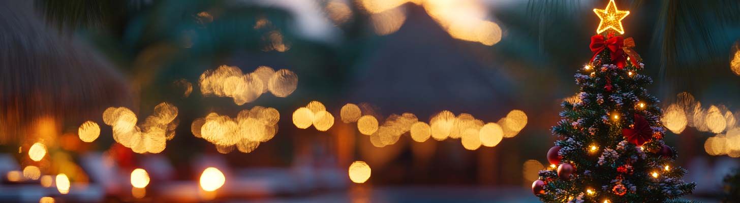 Christmas tree & lights looking over a swimming pool