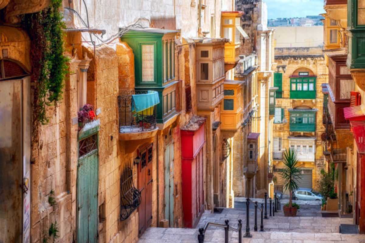 One of the medieval colourful streets in Valletta Malta's Capital