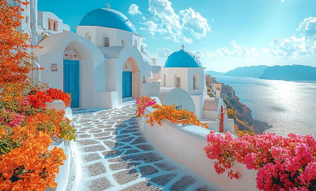 Sunlit walkway with whitewashed, blue-domed buildings, orange and pink flowers, and steps overlooking a blue ocean.