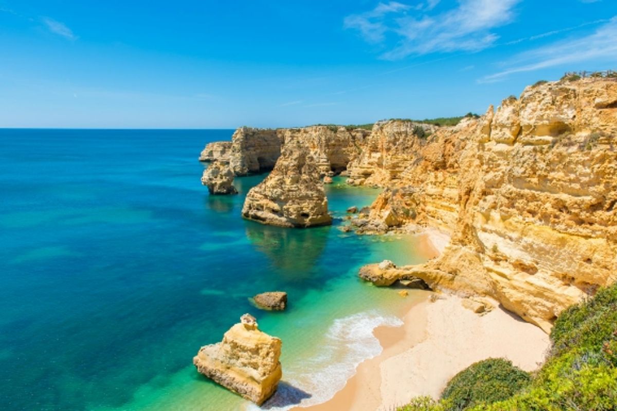 The stunning rocky coastline of Praia da Marinha in Portugal's Algarve