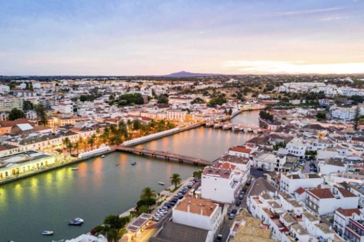 Panoramic view of Tavira town in Porugal's Algarve at dusk 
