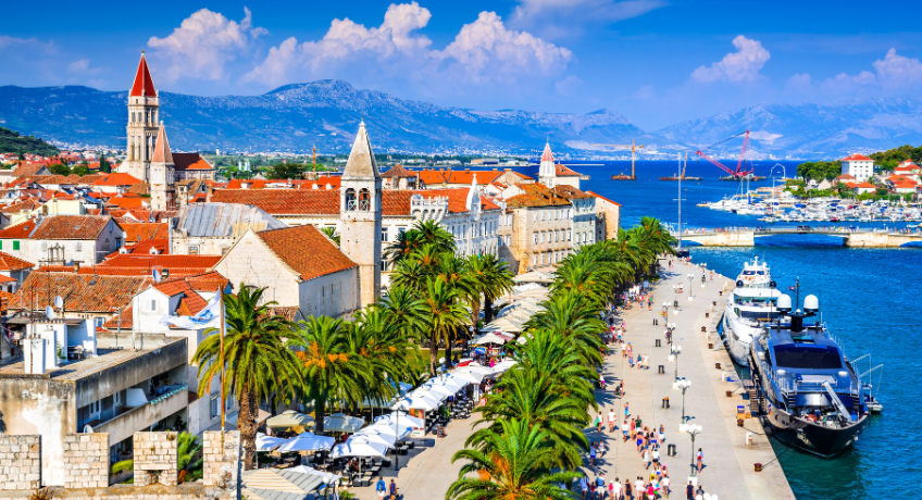 Trogir port with boats docked along the quay