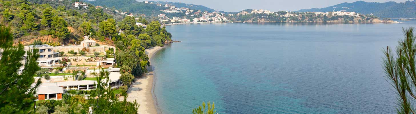 View of the coastline at Vasilias beach in Skiathos