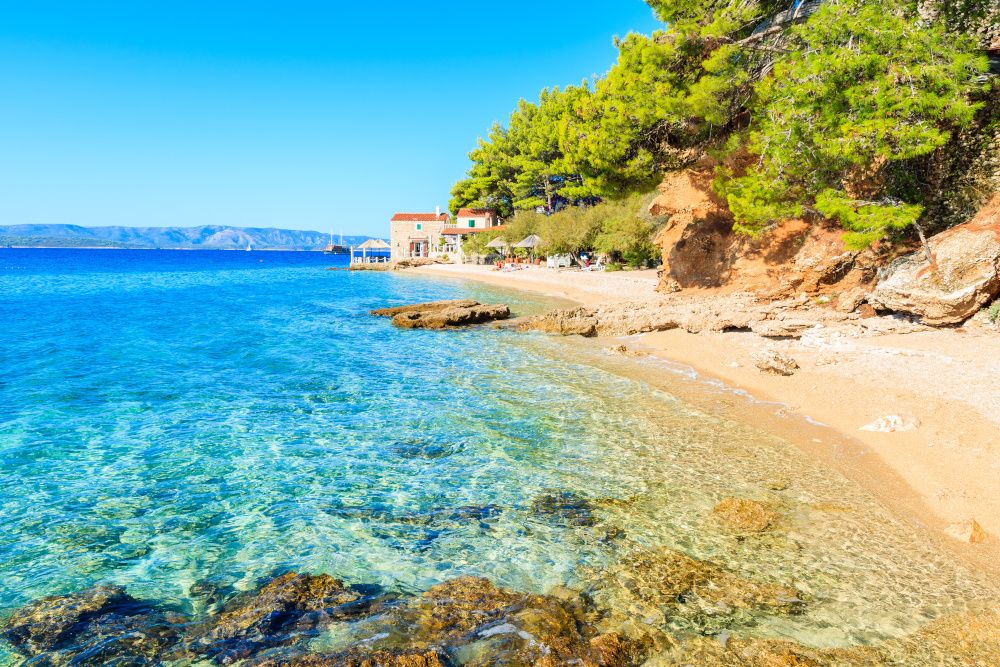 Idyllic beach on coast of Brac island near Bol town, Brac island, Croatia
