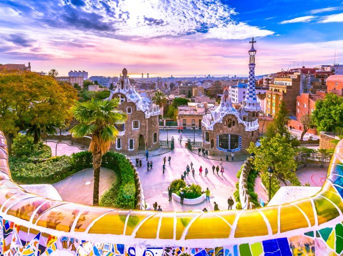 Guell park in Barcelona at sunset