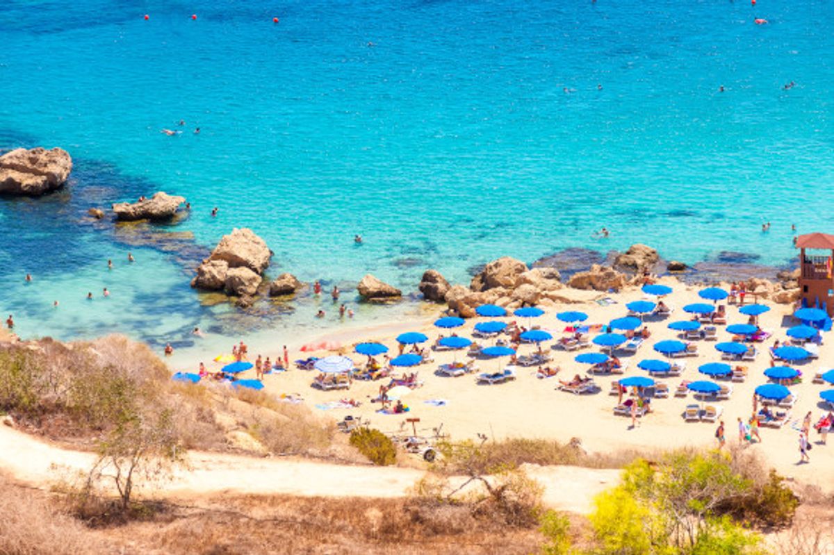 The striking Konnos Bay close to Protaras in Cyprus with azure waters and a white body of sand