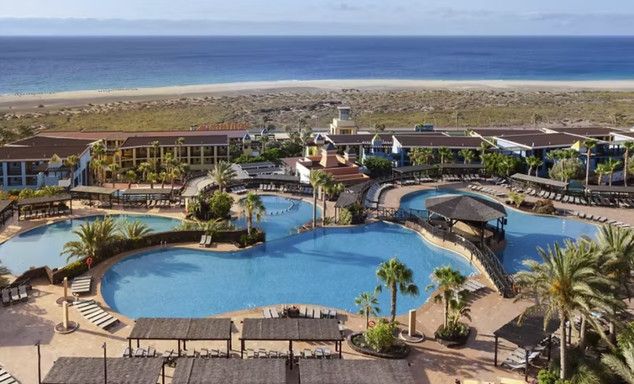 Aerial view of a beachfront resort: multiple curved pools, palm trees, cabanas, low buildings toward the ocean.