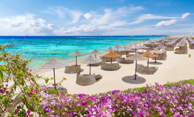 Sun beds & umbrellas on a sandy beach