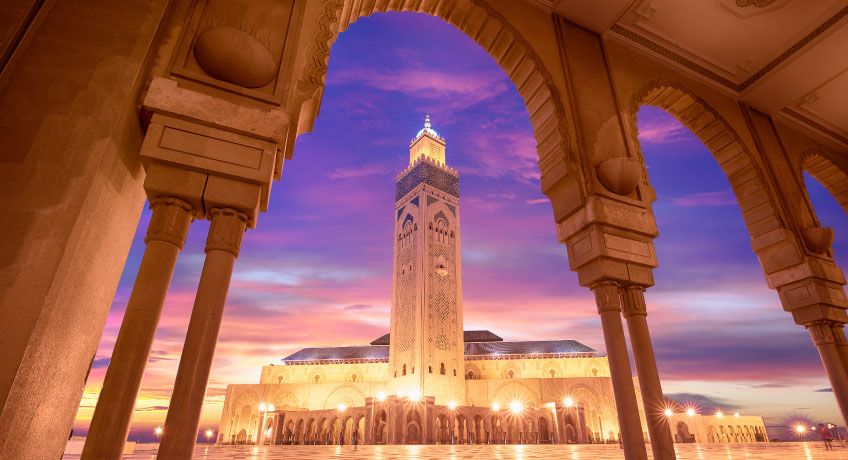 The Hassan II Mosque in Casablanca at sunset