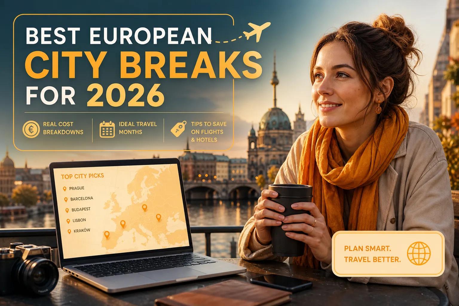 Tourist drinks coffee while looking at map on laptop of best European city breaks for 2026
