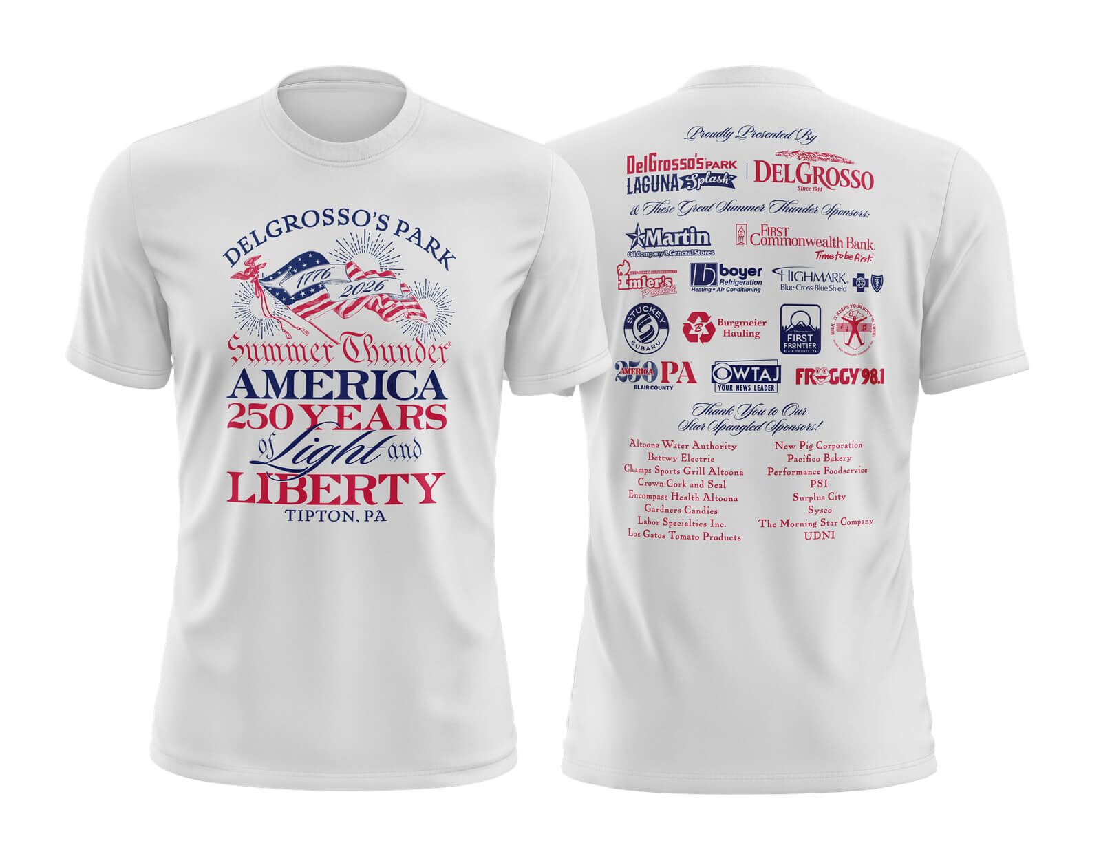 Composite image showing the front and back of a white DelGrosso’s Park Summer Thunder 2026 T-shirt; the front features patriotic event text and flag artwork, and the back lists sponsor logos and names.