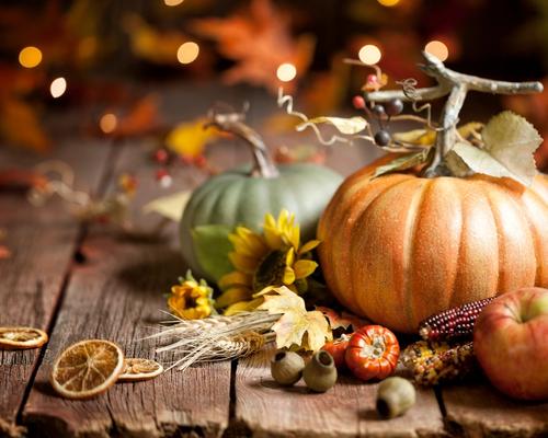 Fall image of pumpkins, fruit, and leaves