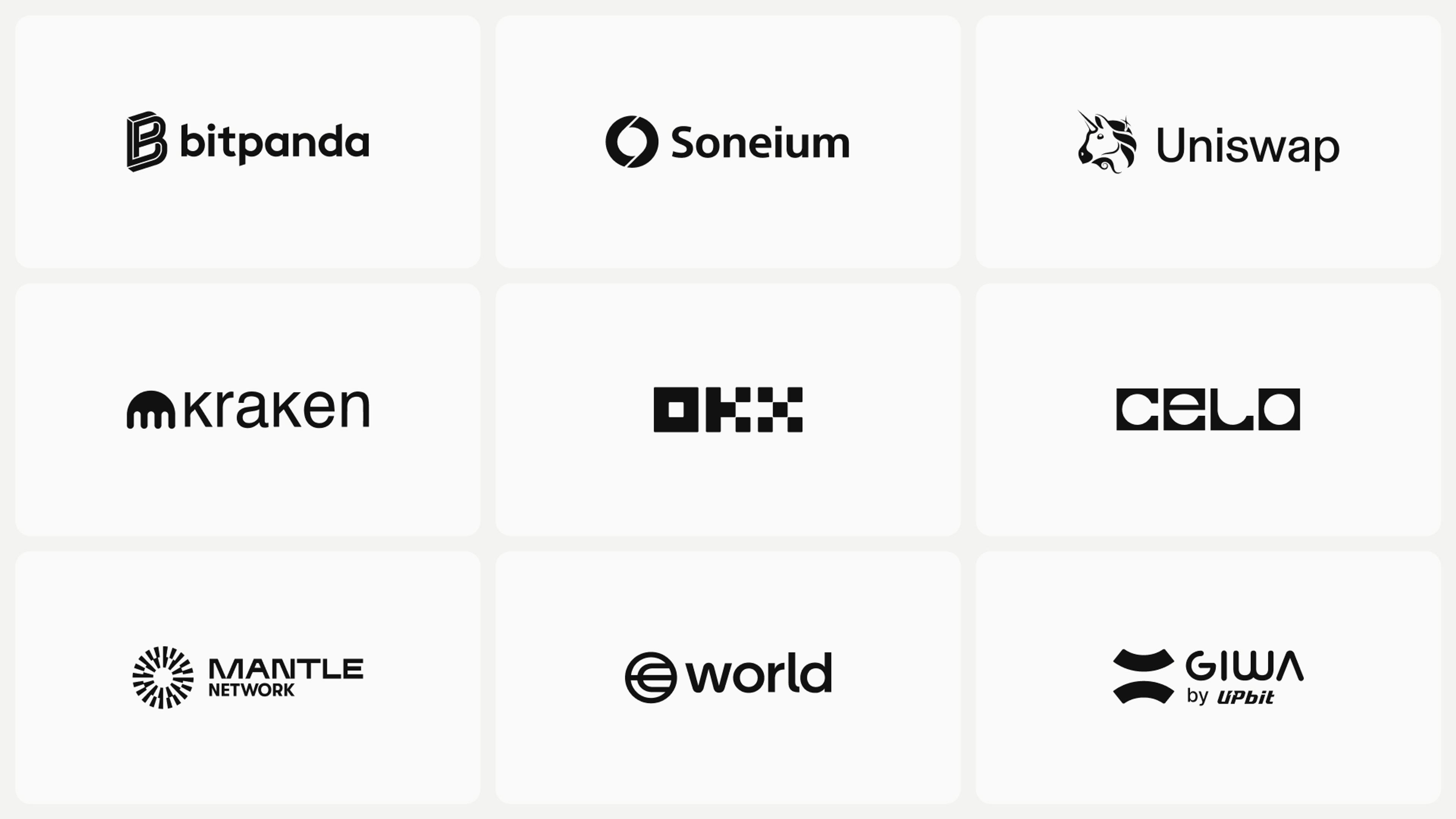 Logo wall of five companies building on the OP Stack: Sony's Soneium, Uniswap's Unichain, Ink, World Chain, X Layer by OKX, CELO, Mantle, and GIWA by Upbit