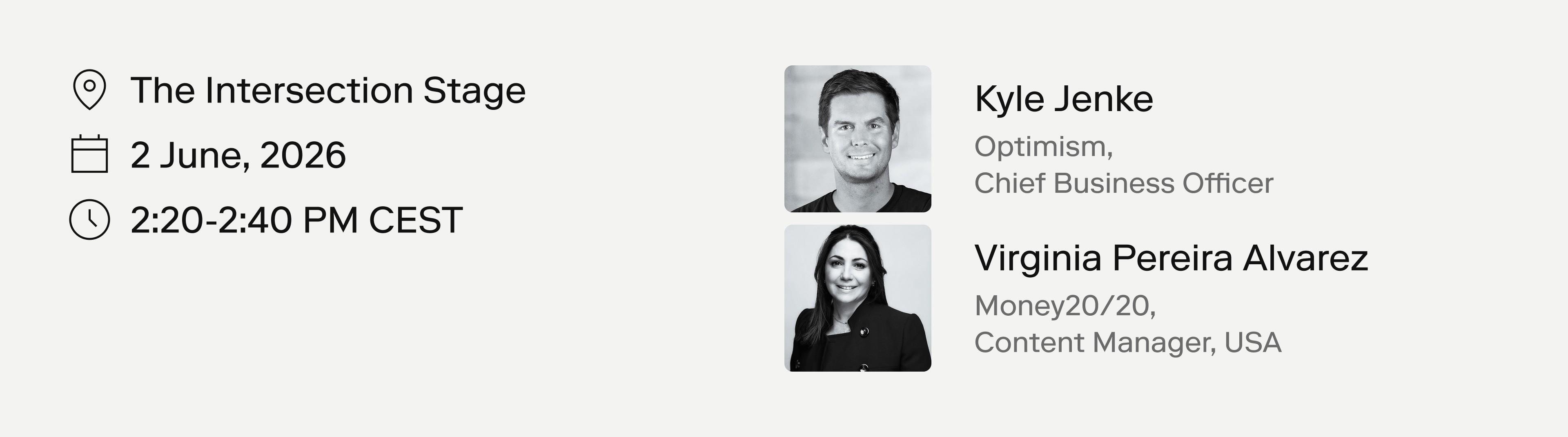 Part 2 session details on The Intersection Stage, 2 June 2026, 2:20–2:40pm CEST, with speakers Kyle Jenke (Optimism, Chief Business Officer) and Virginia Pereira Alvarez (Money20/20, Content Manager, USA).