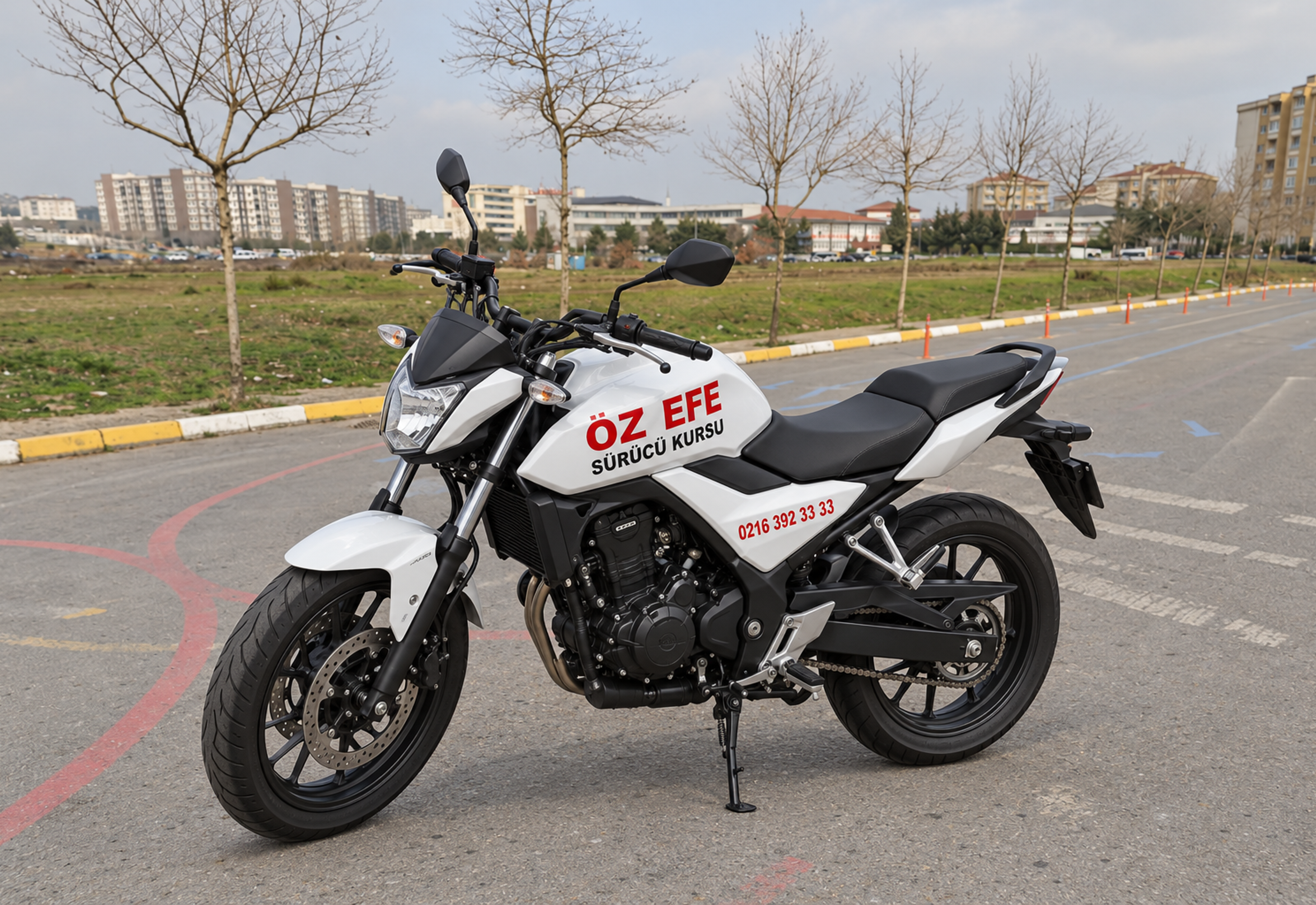 ÖZ EFE baskılı A2 motosiklet, önü sola dönük, referans eğitim alanında görsel.