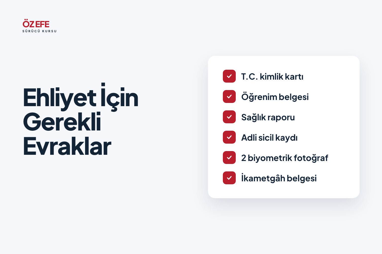 Ehliyet İçin Gerekli Evraklar kapak görseli: altı maddelik belge kontrol listesi.