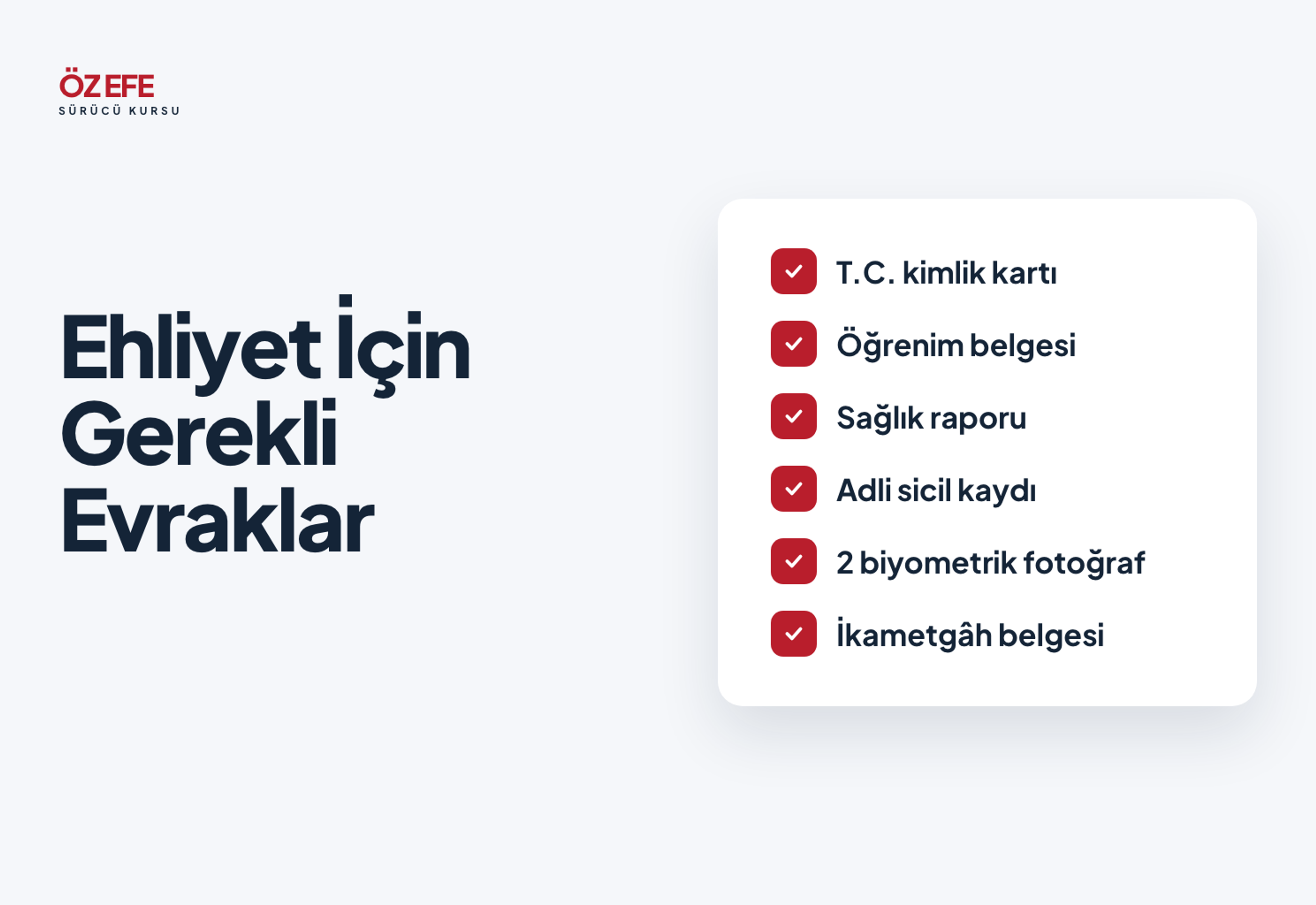 Ehliyet İçin Gerekli Evraklar kapak görseli: altı maddelik belge kontrol listesi.