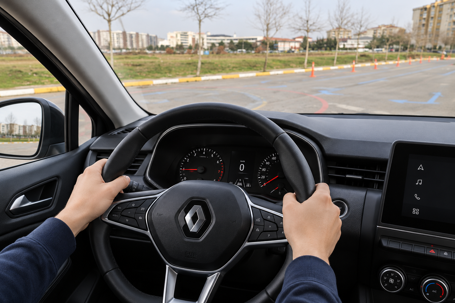 Clio direksiyonunu tutan eller ve camın dışındaki eğitim alanı; temsili direksiyon eğitimi görseli.