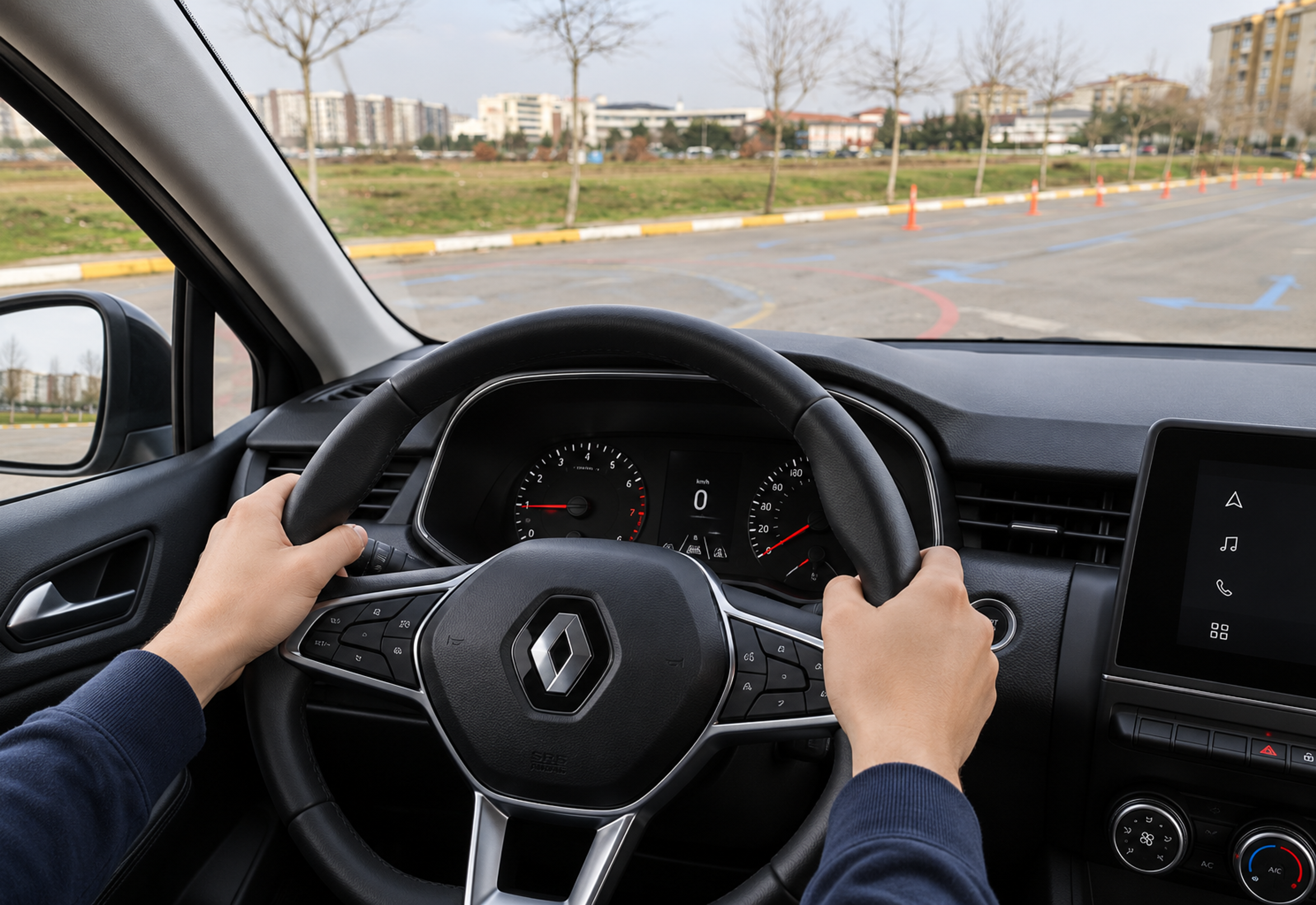 Clio direksiyonunu tutan eller ve camın dışındaki eğitim alanı; temsili direksiyon eğitimi görseli.