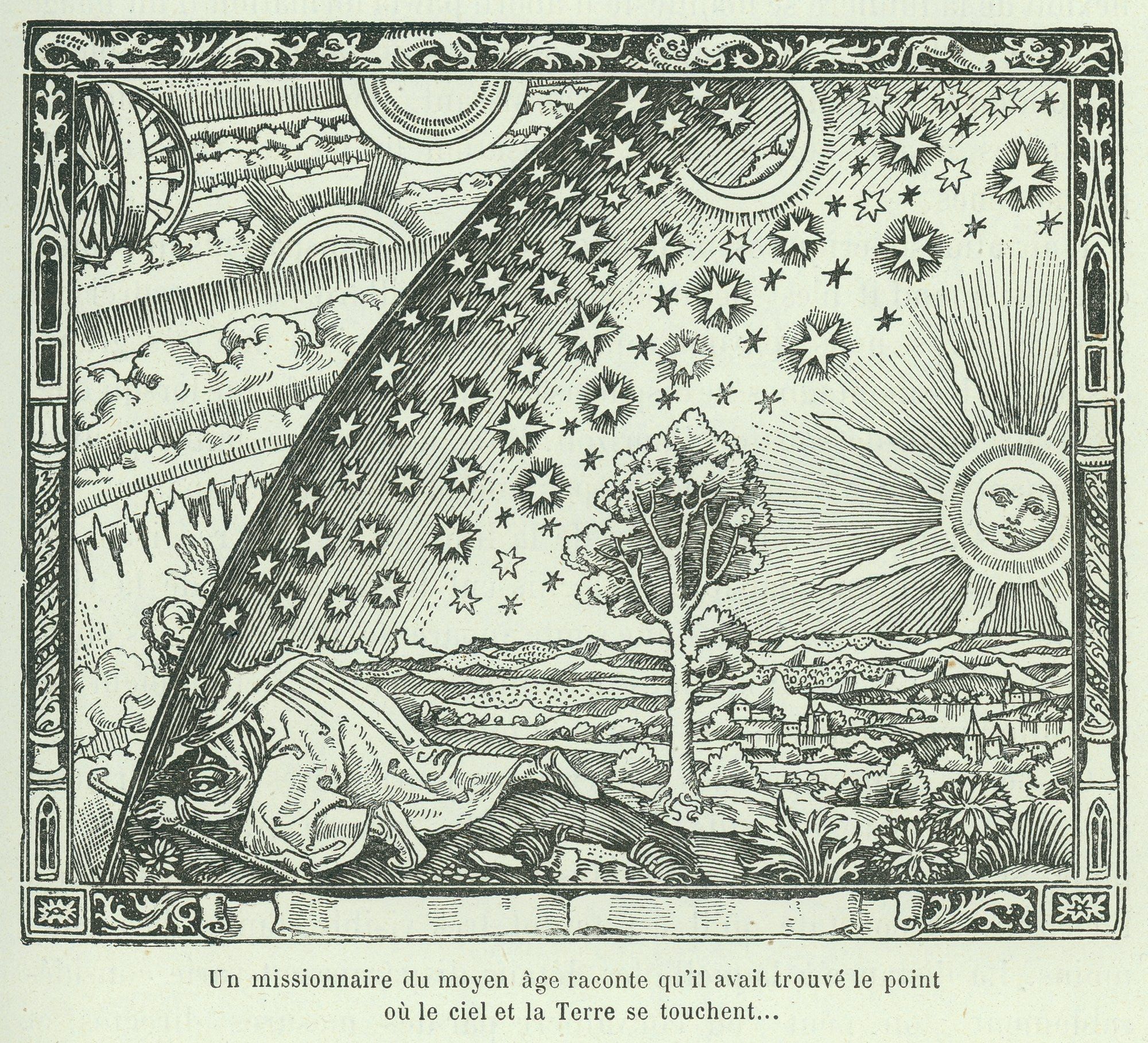 The Flammarion engraving: a traveller on hands and knees pushes his head through the edge of the starry sky to see the wheels and machinery beyond it