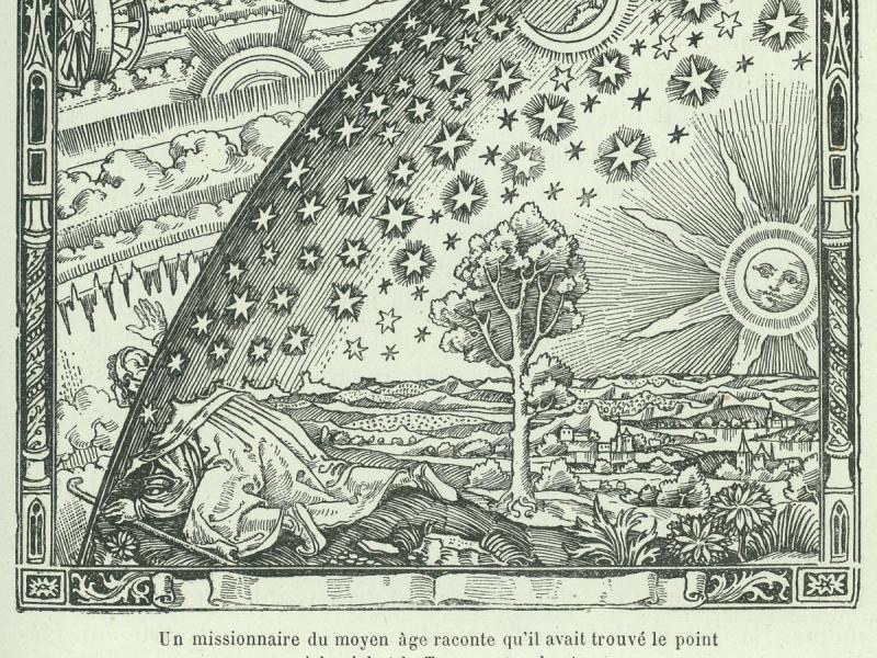 The Flammarion engraving: a traveller on hands and knees pushes his head through the edge of the starry sky to see the wheels and machinery beyond it