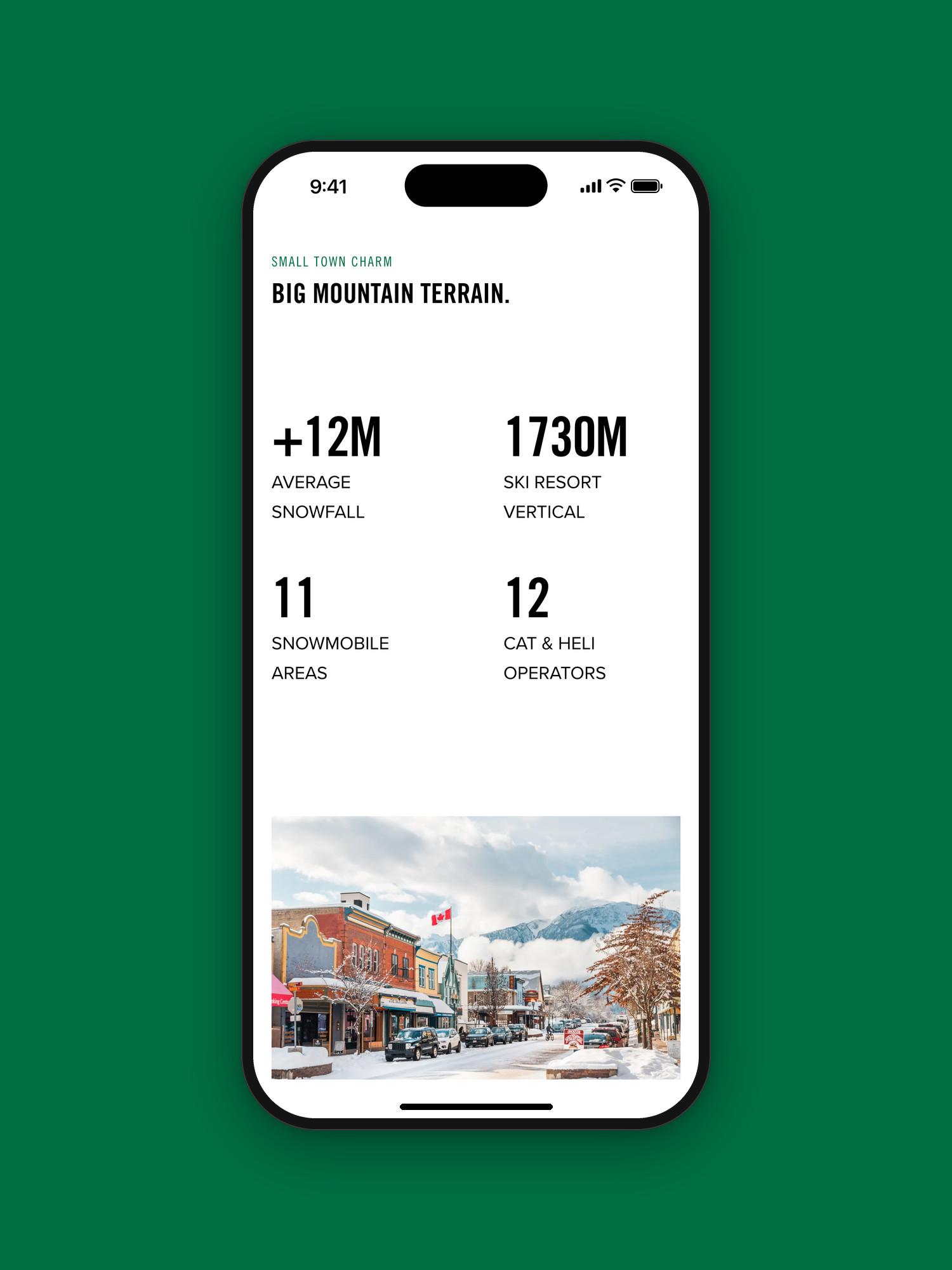 Winter in Revelstoke on a phone: more than 12 metres of average snowfall, 1,730 metres of ski resort vertical, 11 snowmobile areas and 12 cat and heli operators
