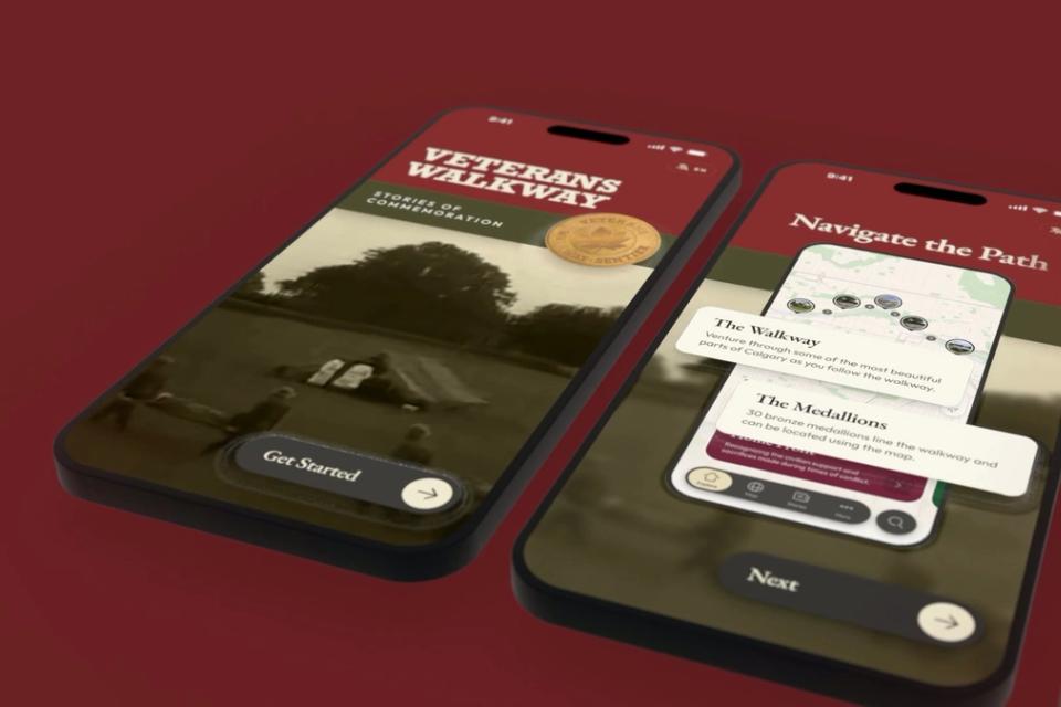 The Veterans Walkway app’s splash screen, with its bronze medallion, on a phone