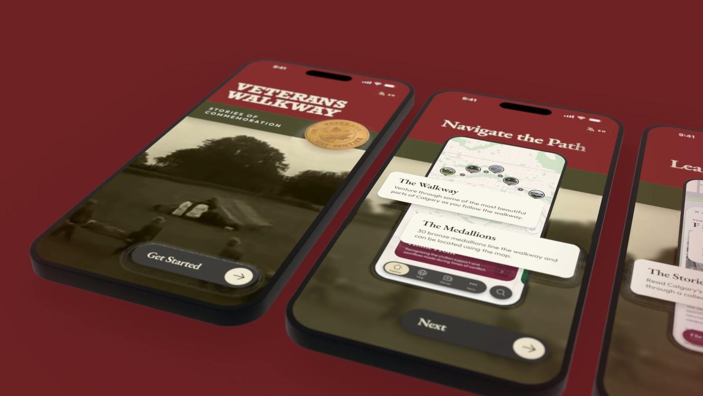 The Veterans Walkway app’s splash screen, with its bronze medallion, on a phone