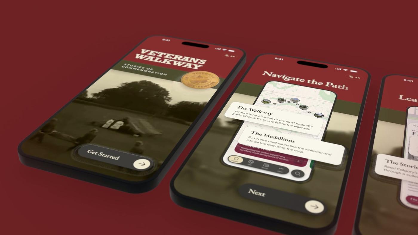 The Veterans Walkway app’s splash screen, with its bronze medallion, on a phone