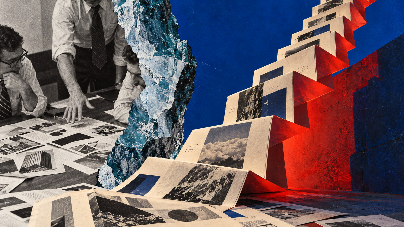 Collage: people in a mid-century office sorting printed photographs on a table, the prints folding up into a staircase of pages against a blue and red sky